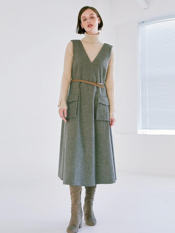 Poche Wool Flare Dress [Gray]